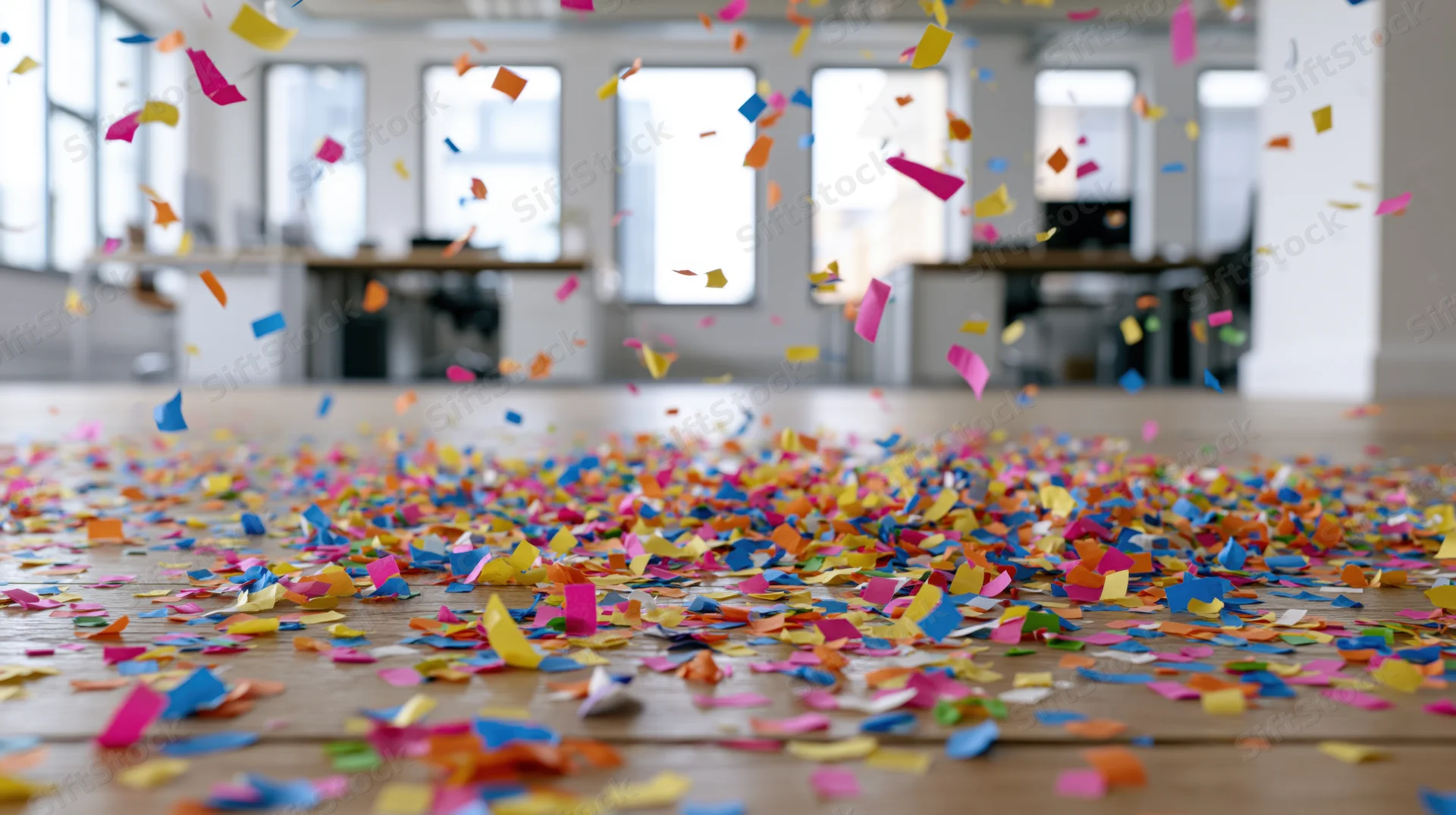 Colorful paper confetti falling and scattered across wooden floor in modern office interior