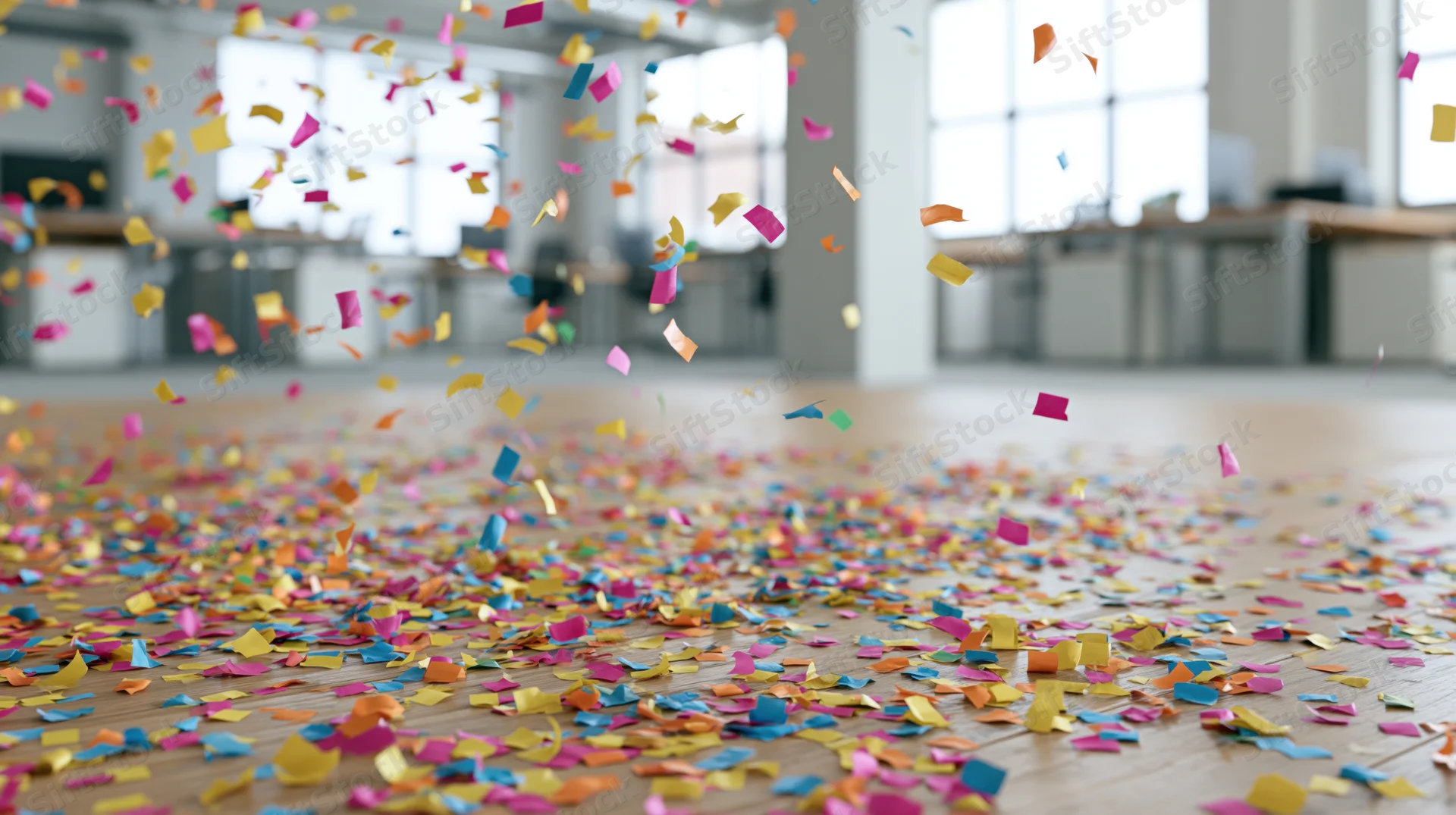 Colorful paper confetti falling and scattered across wooden floor in modern office interior