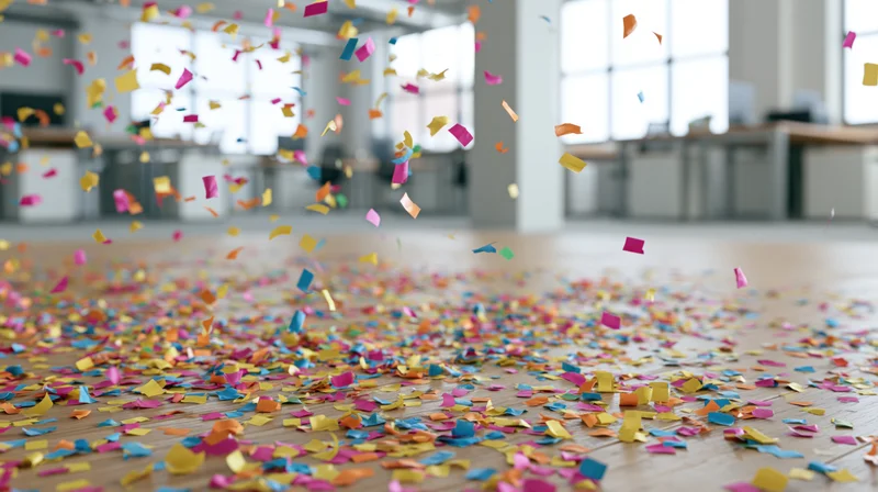 Colorful paper confetti falling and scattered across wooden floor in modern office interior