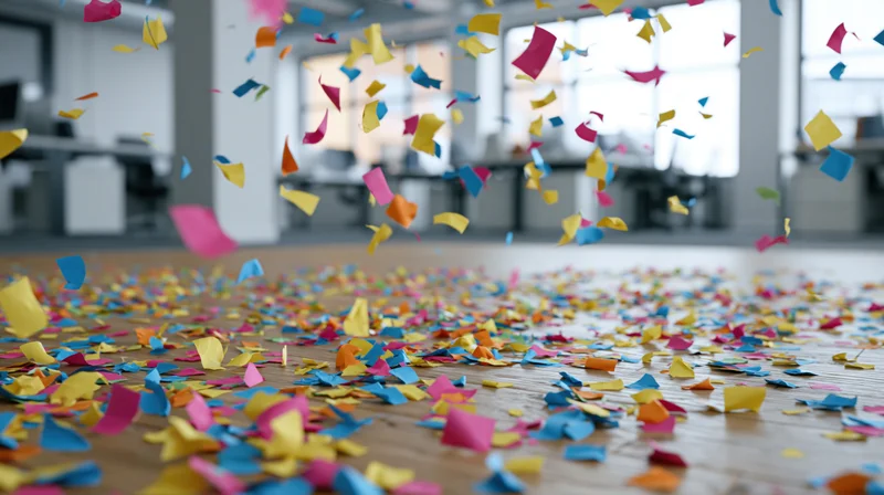 Colorful paper confetti falling and scattered across wooden floor in modern office interior