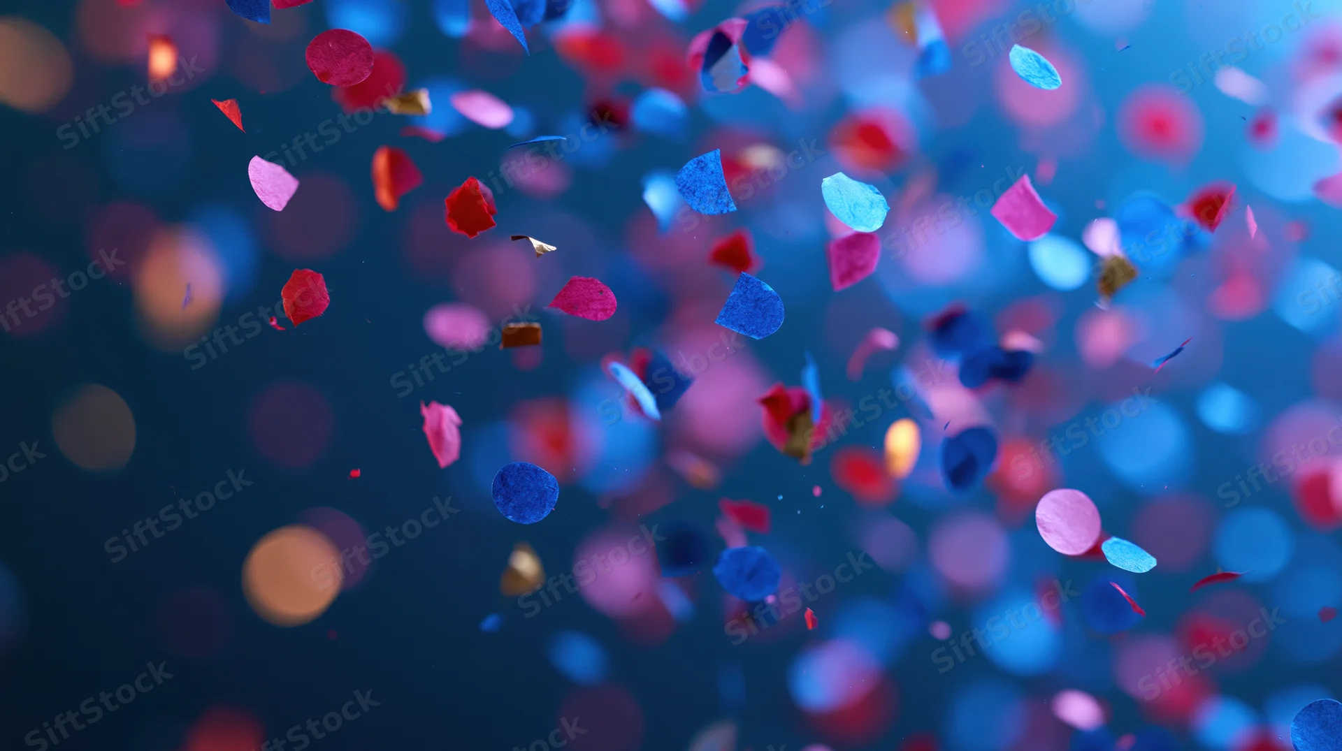 Colorful paper confetti pieces falling midair against a blurred bokeh background