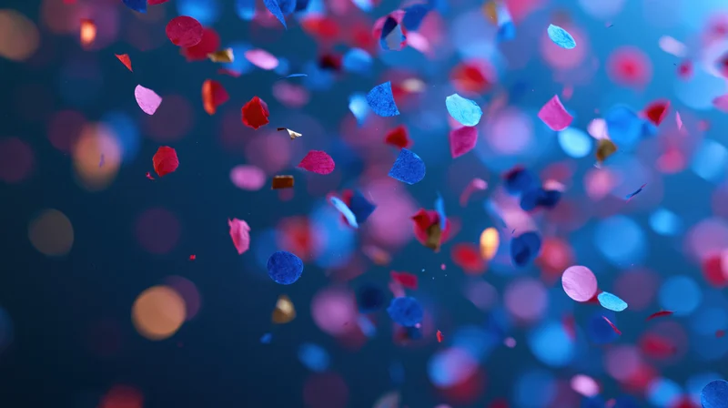 Colorful paper confetti pieces falling midair against a blurred bokeh background