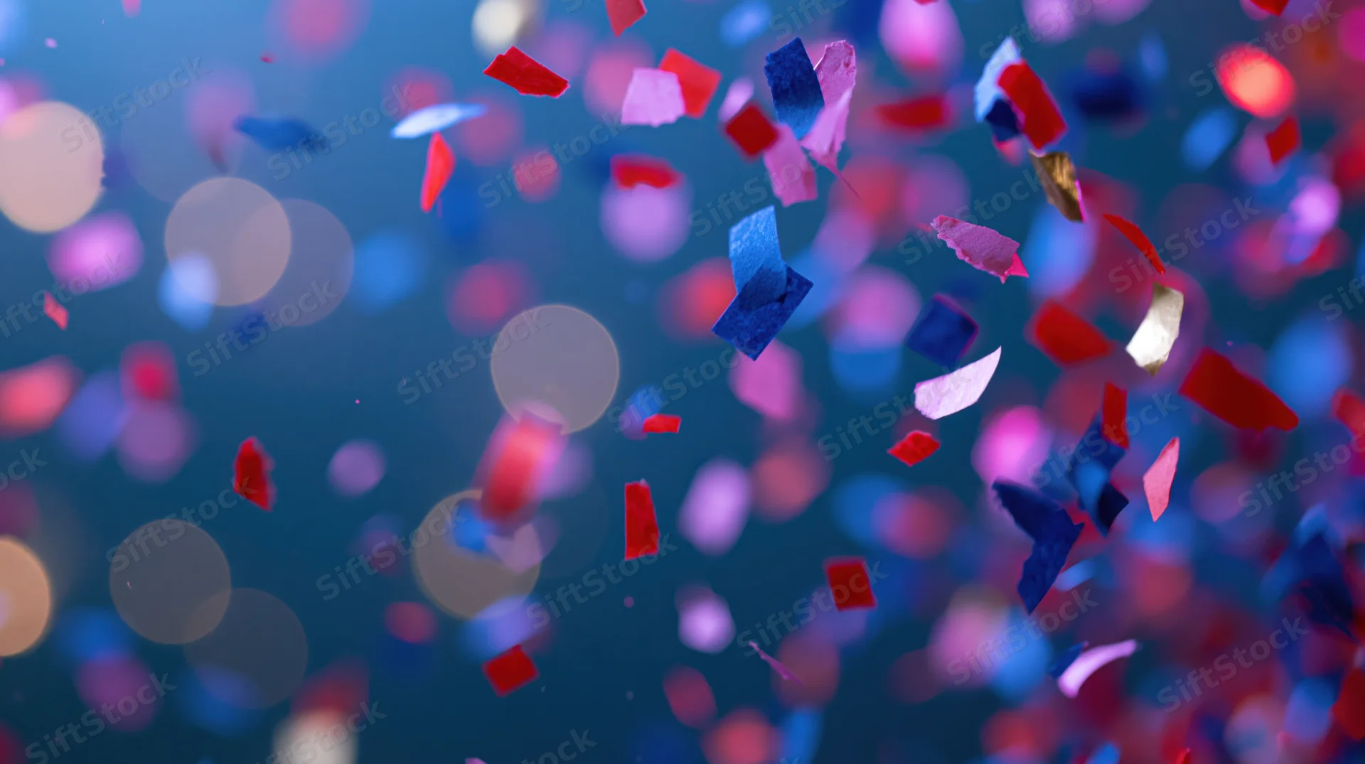 Colorful paper confetti pieces falling midair against a blurred blue background with bokeh lights