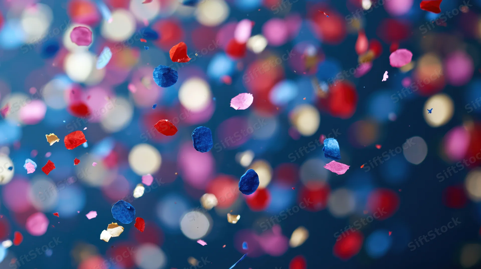 Colorful paper confetti pieces falling midair against a blurred bokeh background