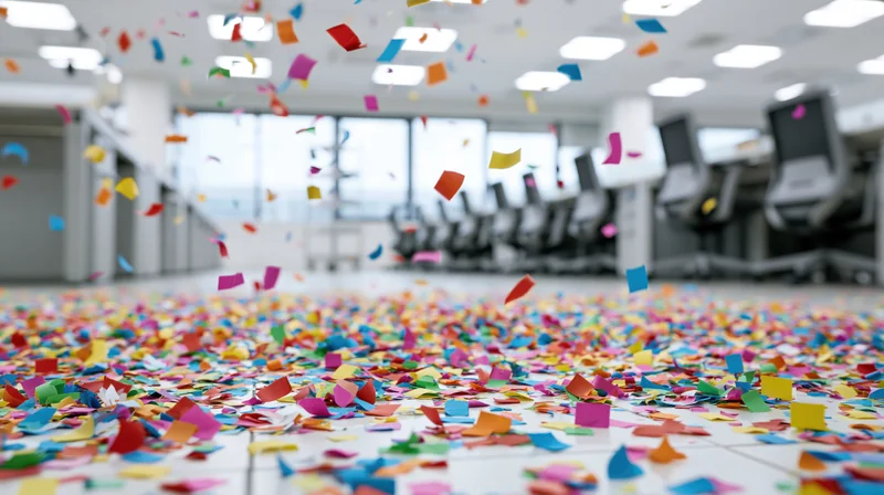 Colorful paper confetti scattered across an open-plan office floor with desks and chairs in the background