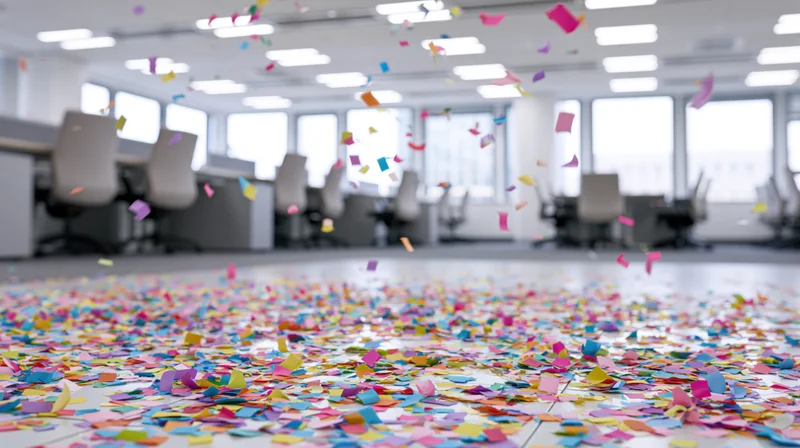 Colorful paper confetti scattered across an open-plan office floor with desks and chairs in the background