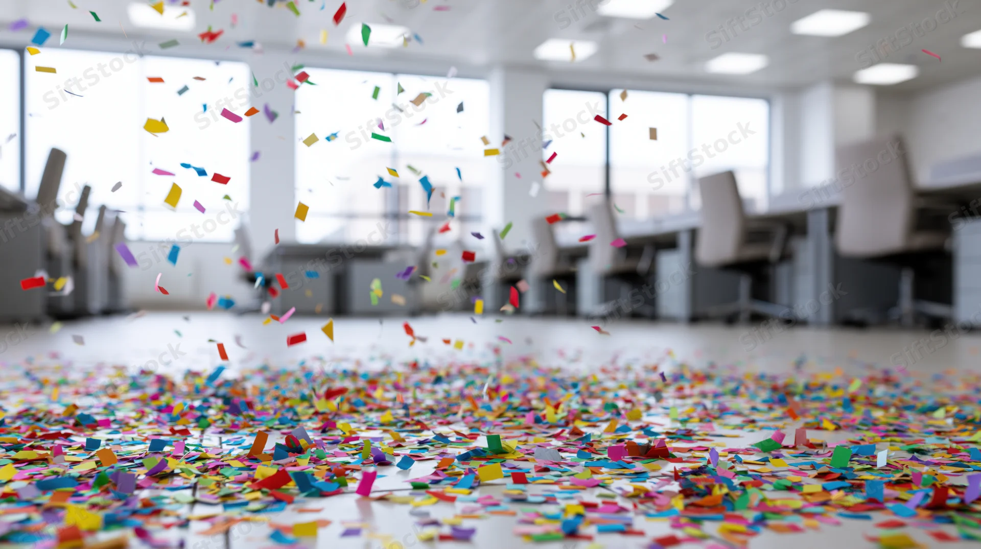 Colorful paper confetti scattered across an open-plan office floor