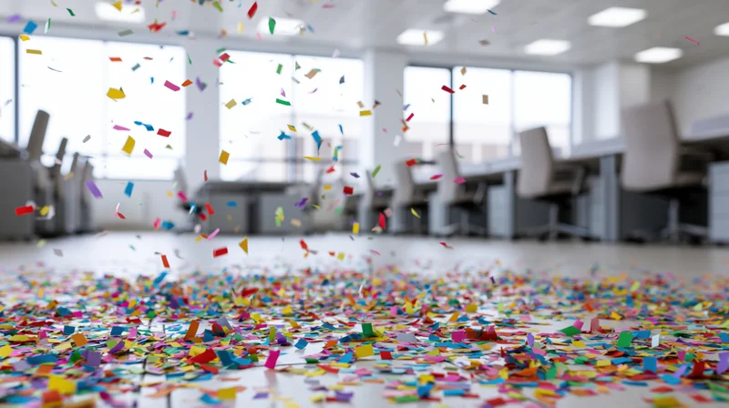 Colorful paper confetti scattered across an open-plan office floor