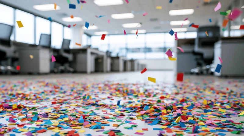 Colorful paper confetti scattered across an open-plan office floor