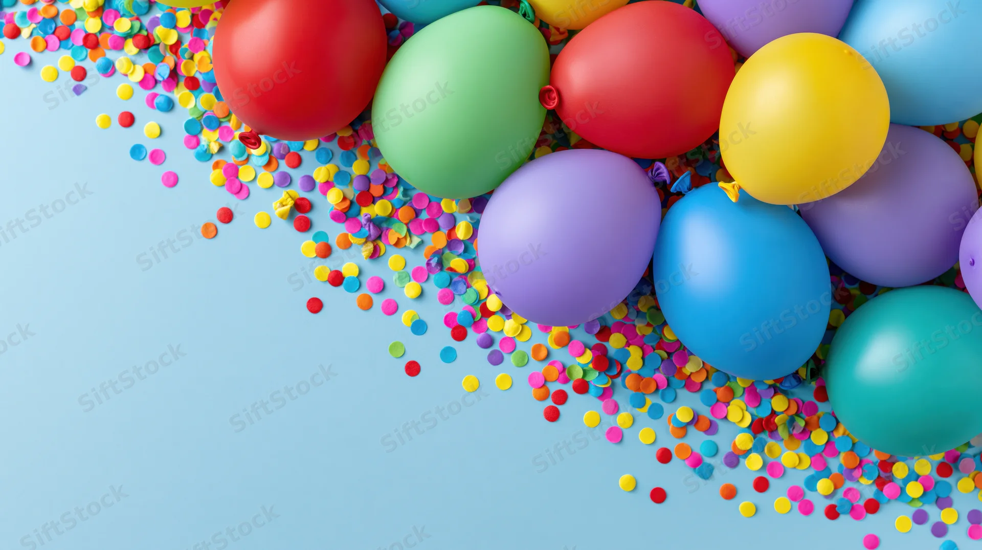 Colorful party balloons and scattered confetti arranged on a blue surface with copyspace