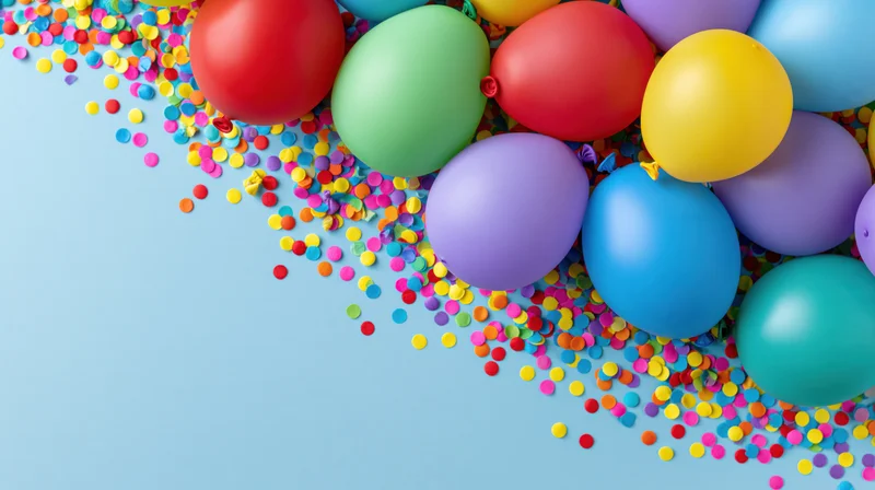 Colorful party balloons and scattered confetti arranged on a blue surface with copyspace