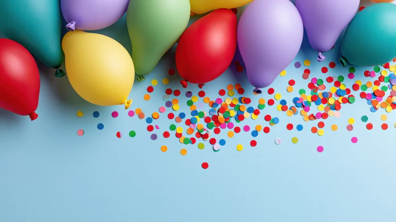 Colorful party balloons and scattered confetti on a blue surface with copyspace