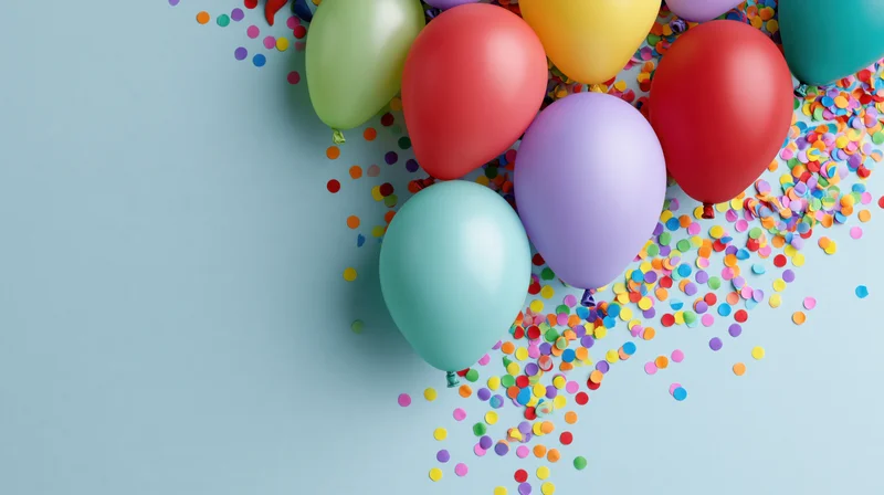 Colorful party balloons and scattered confetti on a light blue surface with copyspace on the left