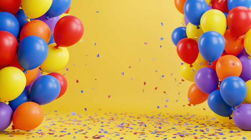 Colorful balloons and confetti arranged on a yellow background for a party celebration