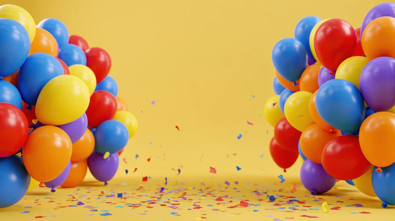 Colorful balloons arranged in two clusters with confetti scattered on yellow floor