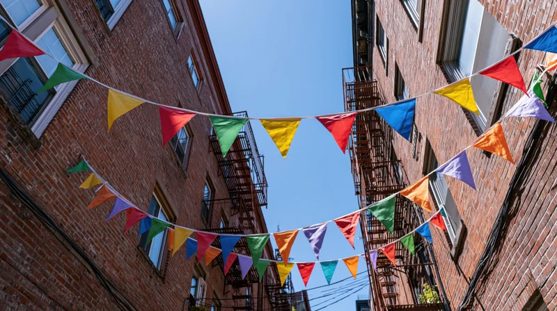 Colorful triangular bunting flags strung across a narrow urban alley between brick buildings under a clear blue sky