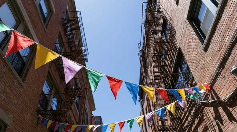 Colorful triangular bunting flags strung across a narrow urban street between brick buildings with fire escapes under a clear blue sky