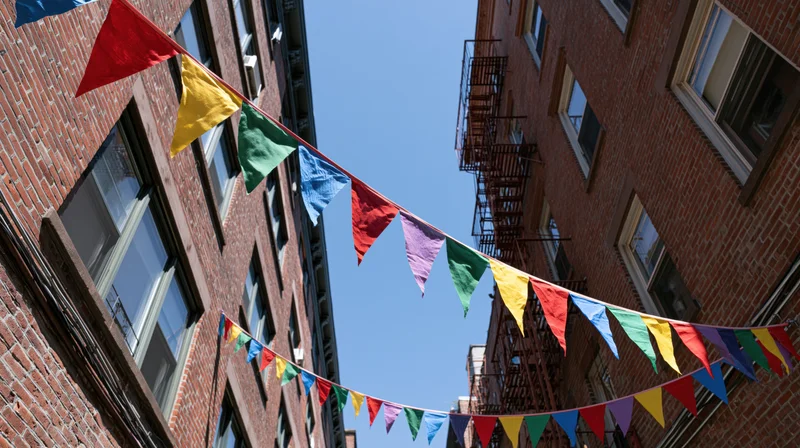 Colorful triangular bunting flags strung across a narrow urban street between brick buildings under a clear blue sky