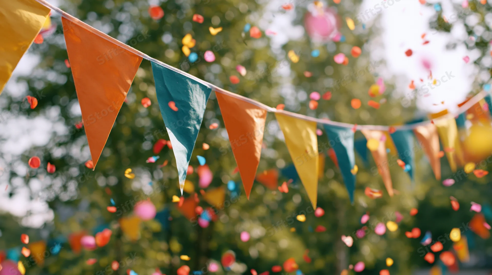 Colorful triangular pennant bunting strung outdoors with confetti falling among green trees
