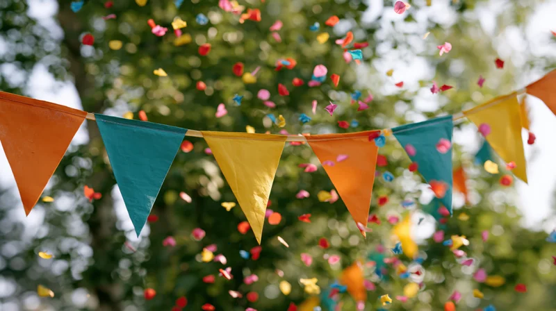 Colorful triangular pennant bunting strung outdoors with confetti falling against blurred green foliage