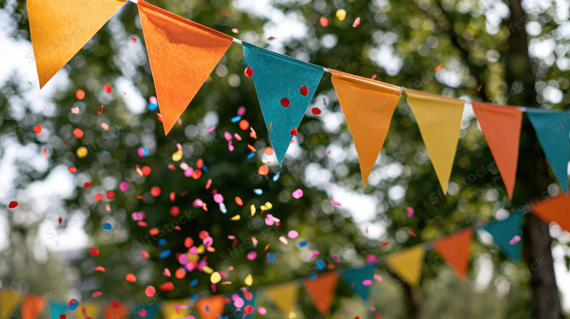 Colorful triangular pennant bunting strung outdoors with falling confetti among trees