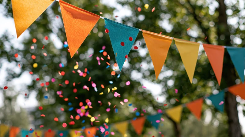 Colorful triangular pennant bunting strung outdoors with falling confetti among trees