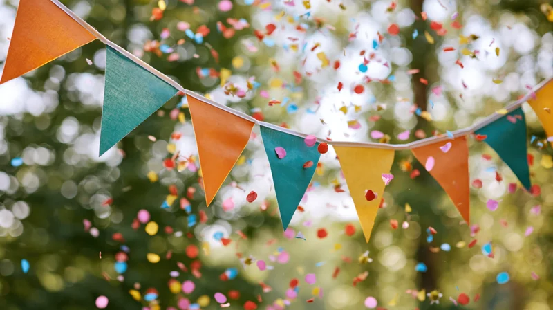 Colorful triangular pennant bunting strung outdoors with confetti falling around it