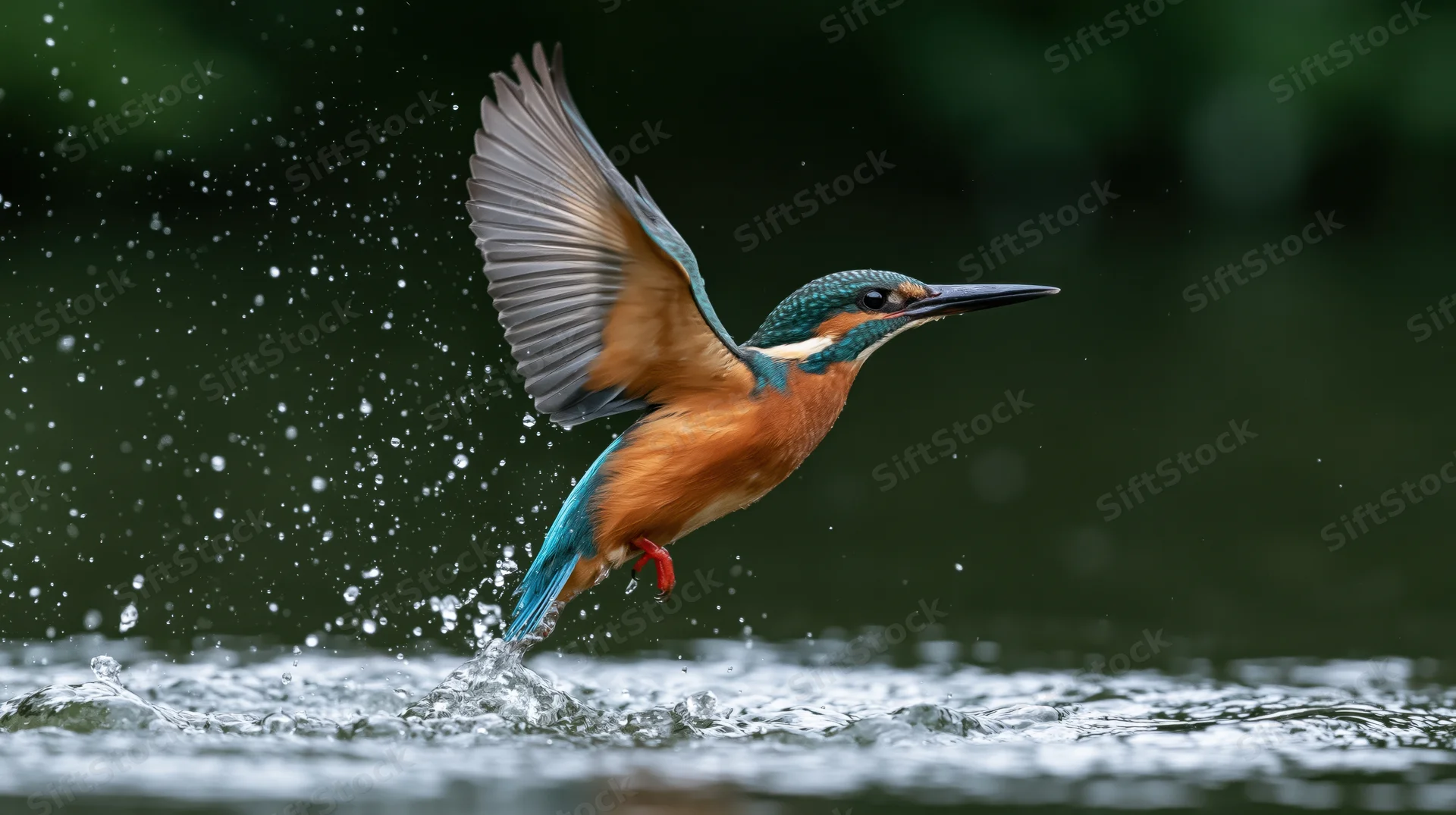 Kingfisher bursting out of water mid-flight with wings spread and water splashing around it