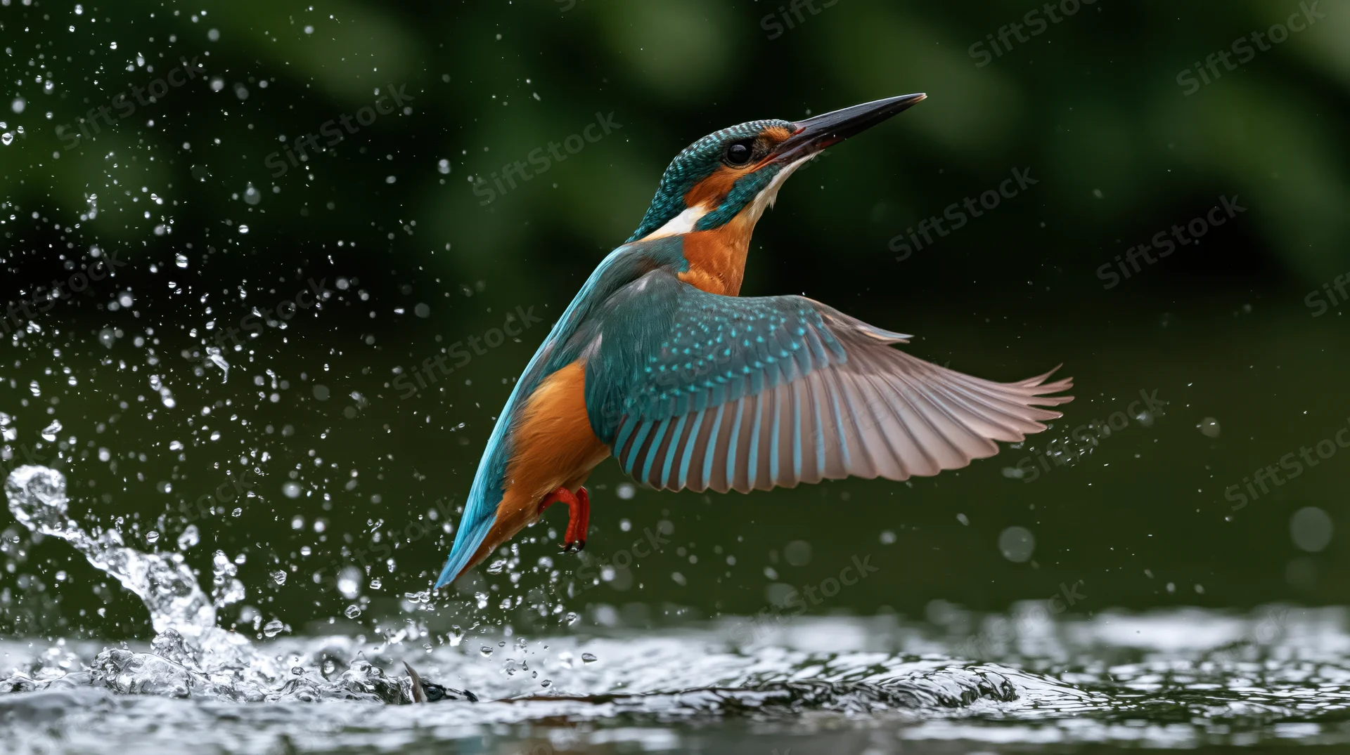 Kingfisher bursting out of water mid-flight with wings spread and water splashing around it