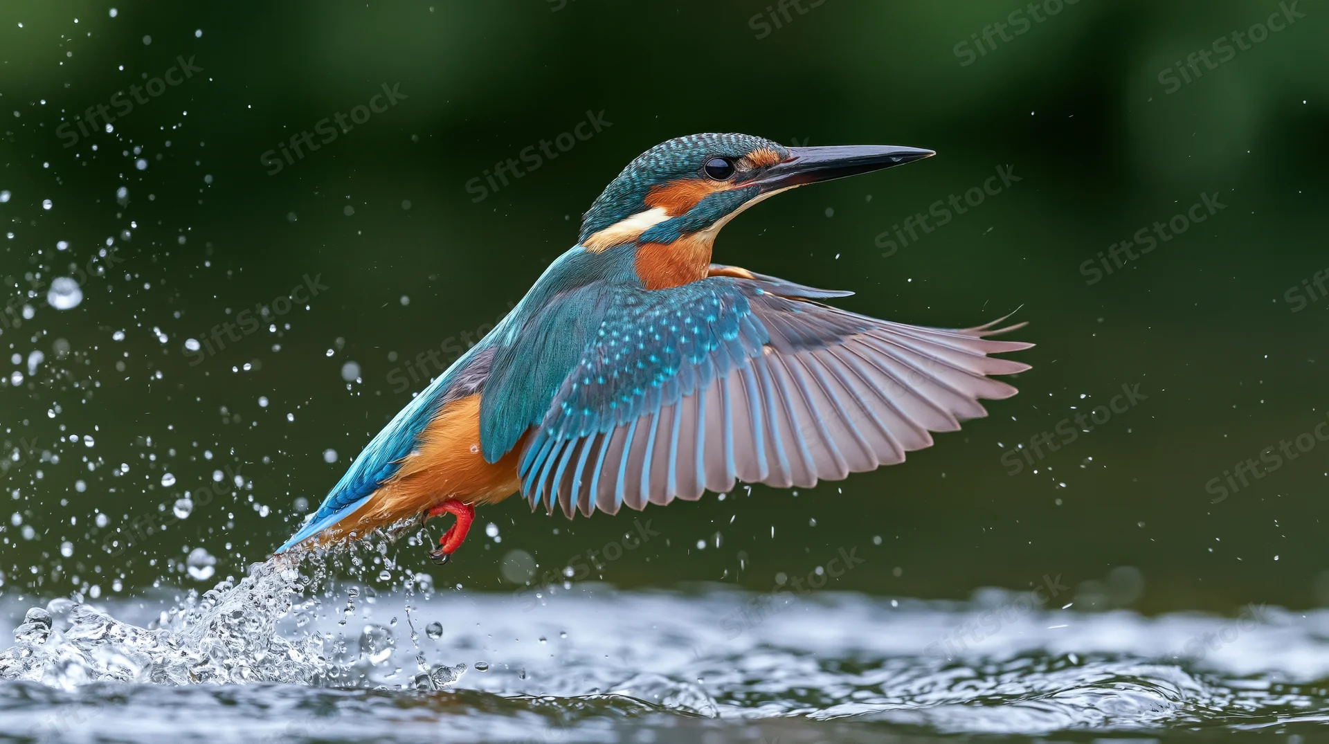 Kingfisher bursting out of water mid-flight with wings spread and splash around