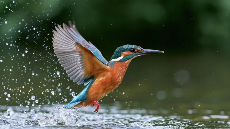 Kingfisher bursting out of water mid-flight with wings spread and water splashing around it