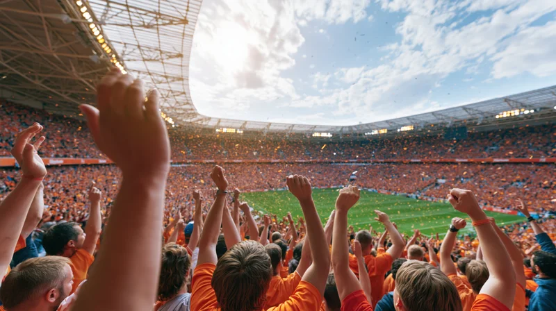 Football fans raising hands in celebration inside a stadium during a game