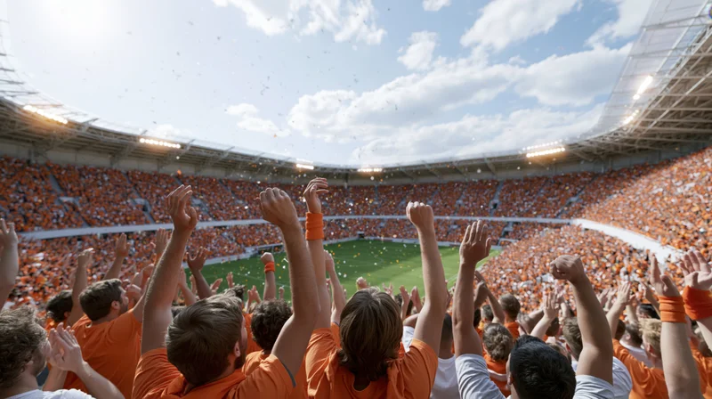 Football fans raising hands in celebration inside a stadium during a game