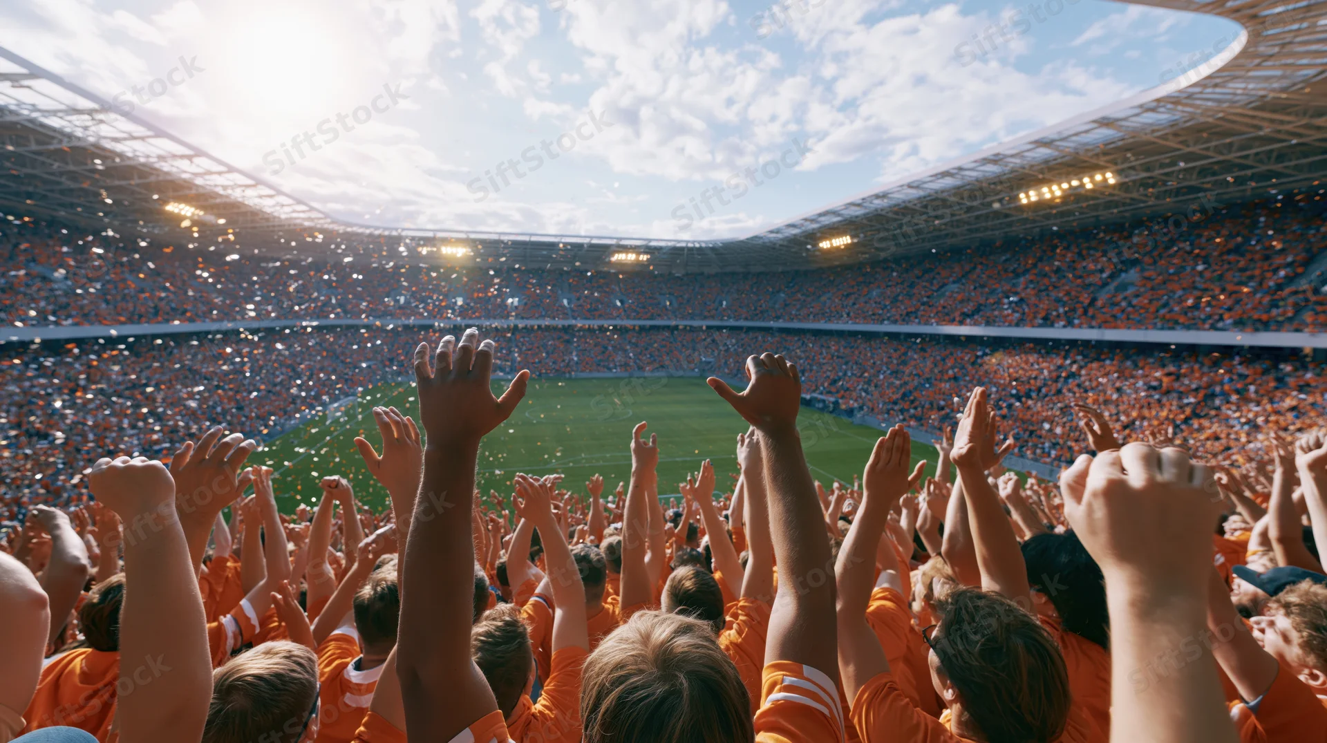 Football fans raising hands in celebration inside a stadium