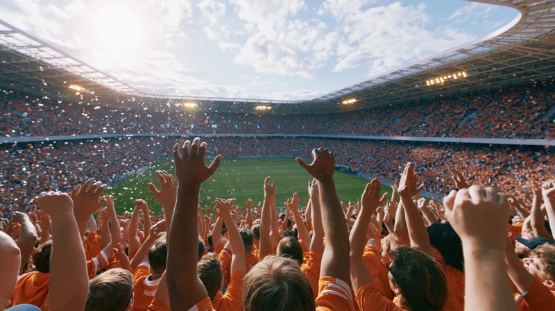 Football fans raising hands in celebration inside a stadium