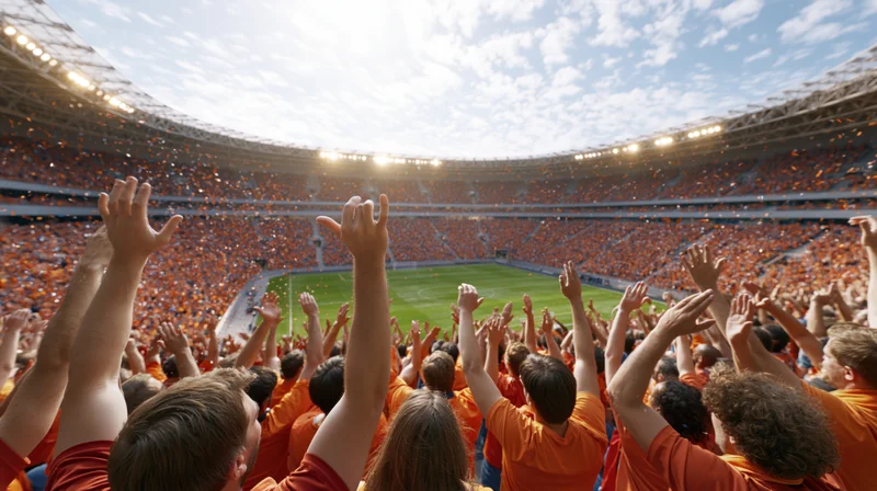 Football fans raising hands in celebration inside a stadium