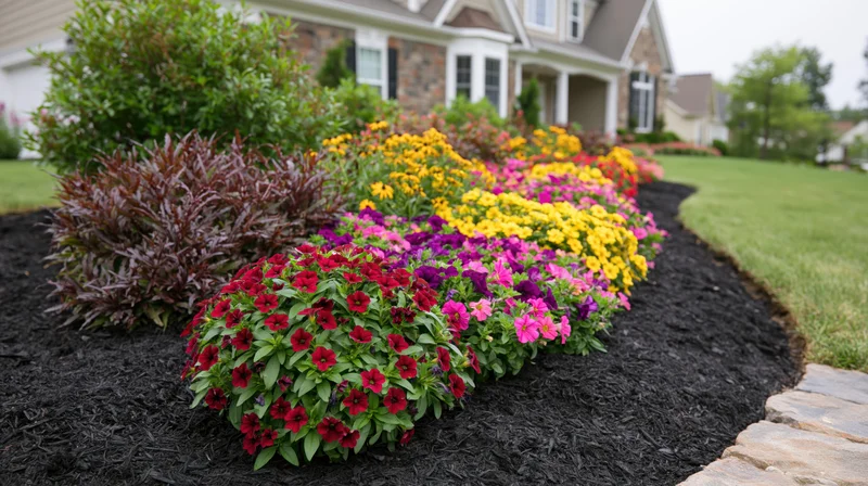 Curved flowerbed with colorful annuals in front yard garden near stone path