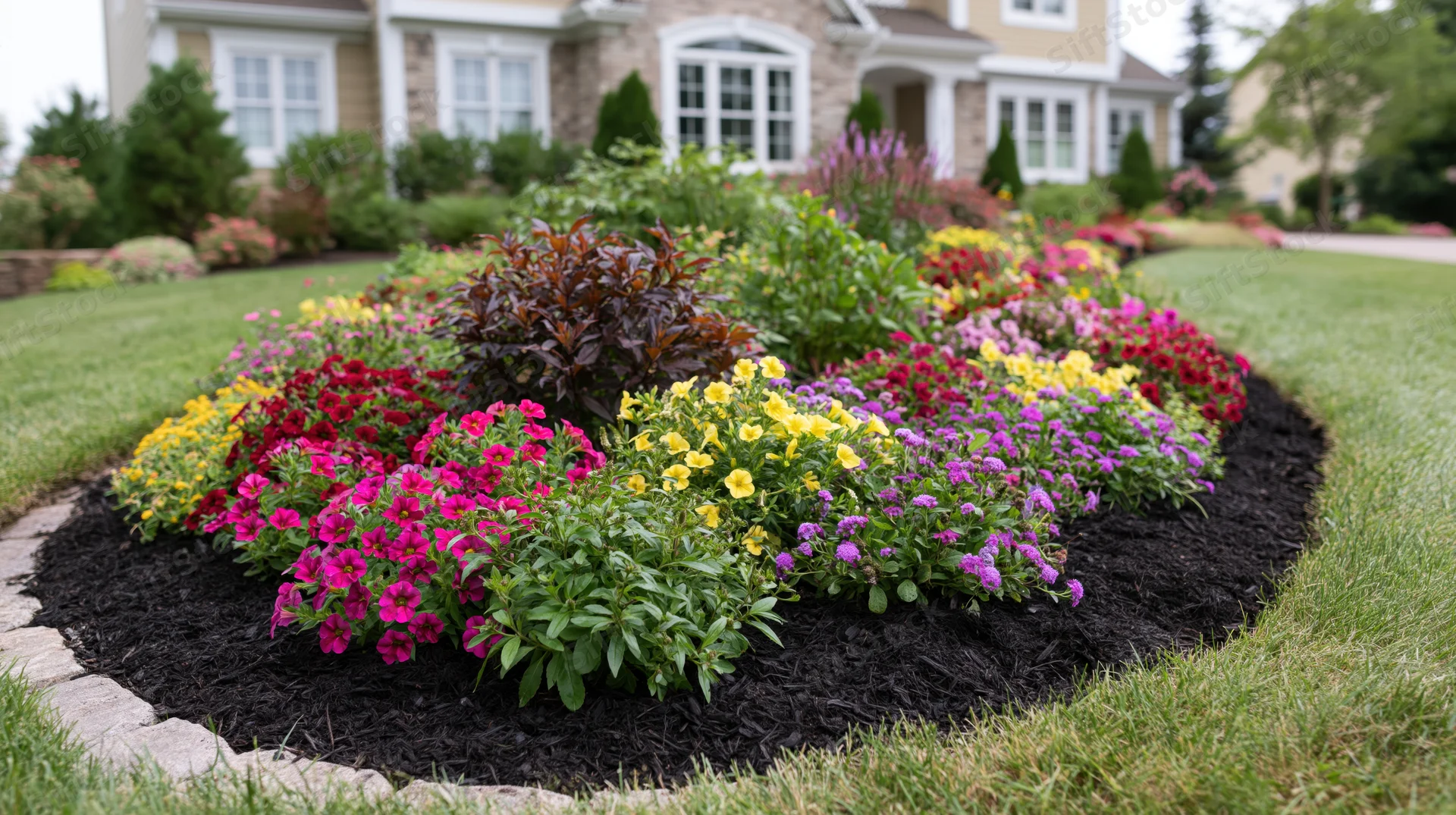Curved flowerbed with colorful annuals in front yard garden surrounded by mulch and stone border