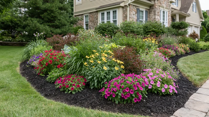 Curved flowerbed with colorful flowers and mulch in front of a house