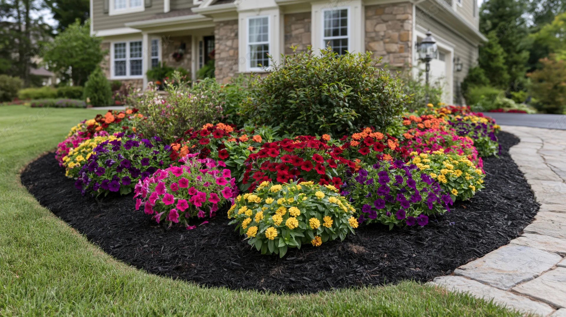 Curved front yard garden bed densely planted with flowers