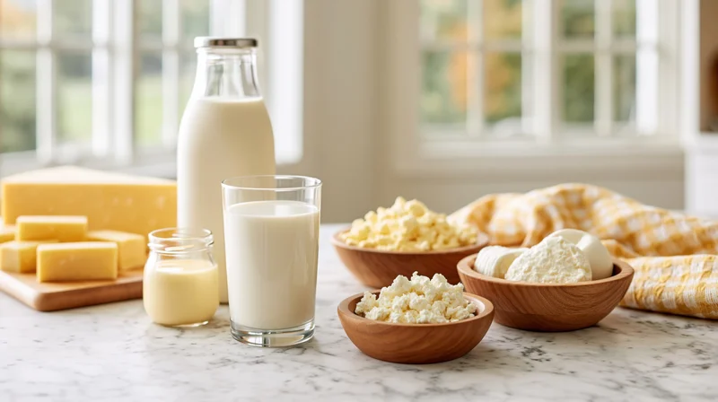 Dairy products arranged on a marble kitchen counter near a window