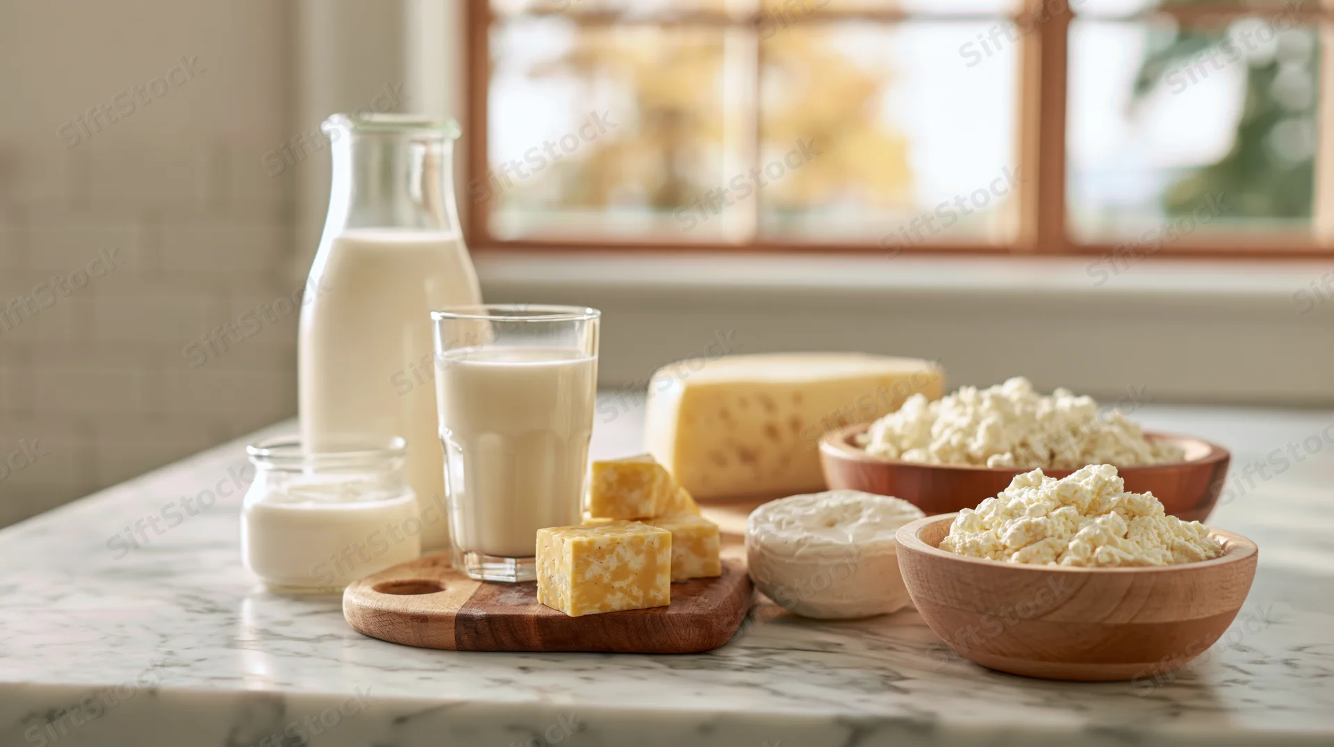 Dairy products arranged on a marble kitchen counter with glass of milk and cheese blocks