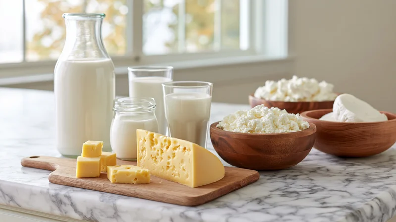 Dairy products including milk, cheese, yogurt and cottage cheese arranged on a marble kitchen counter with glass jars and wooden bowls