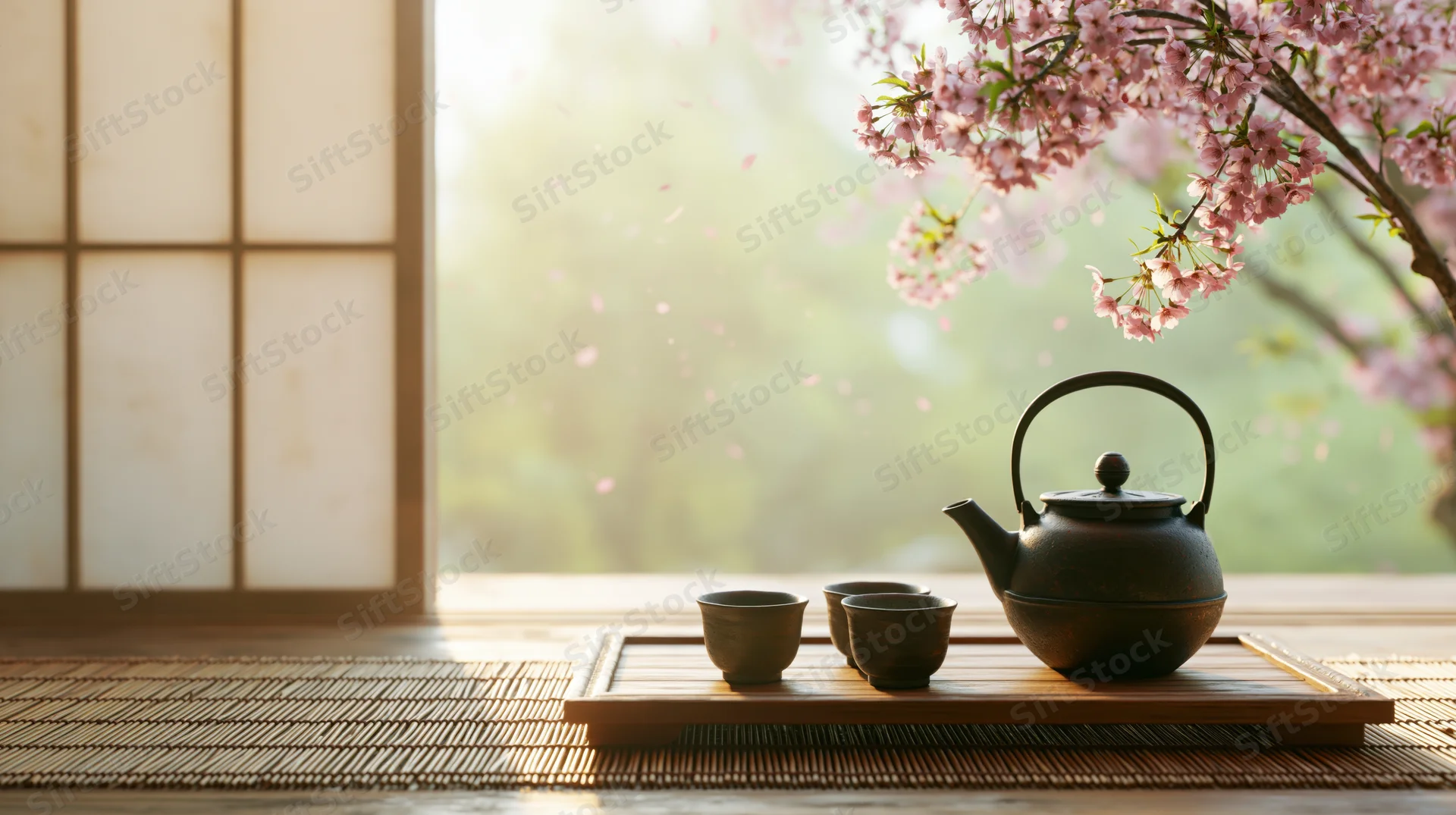 Dark clay teapot and two small ceramic cups on a wooden tray by a window with cherry blossoms outside