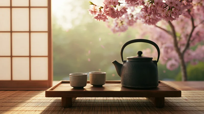 Dark clay teapot and two ceramic cups on a wooden tray by a shoji screen with cherry blossoms outside