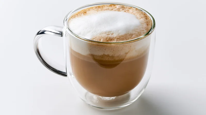 Double-walled glass mug filled with layered latte and froth on white background