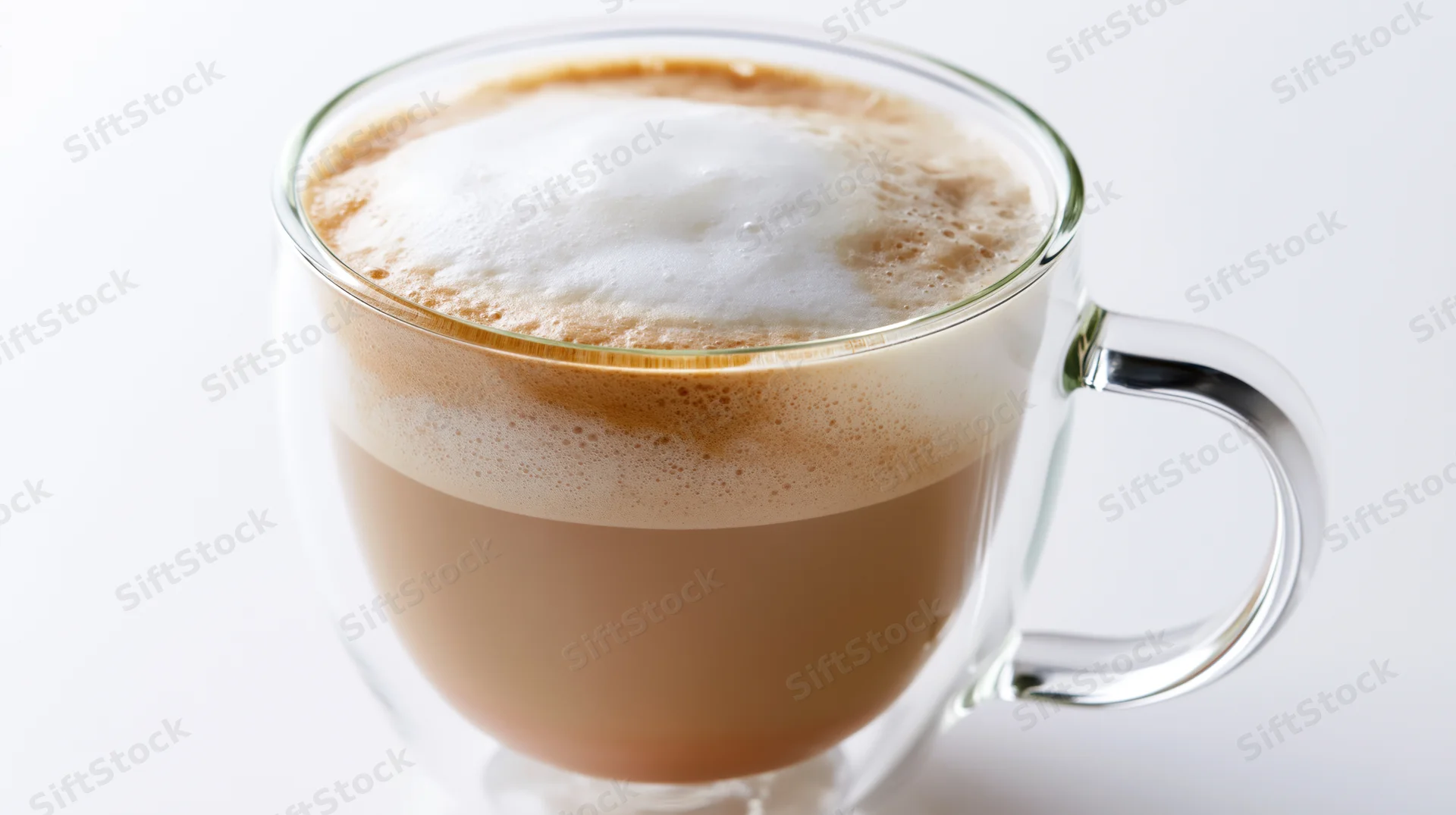 Double-walled glass mug filled with layered latte topped with froth on white background