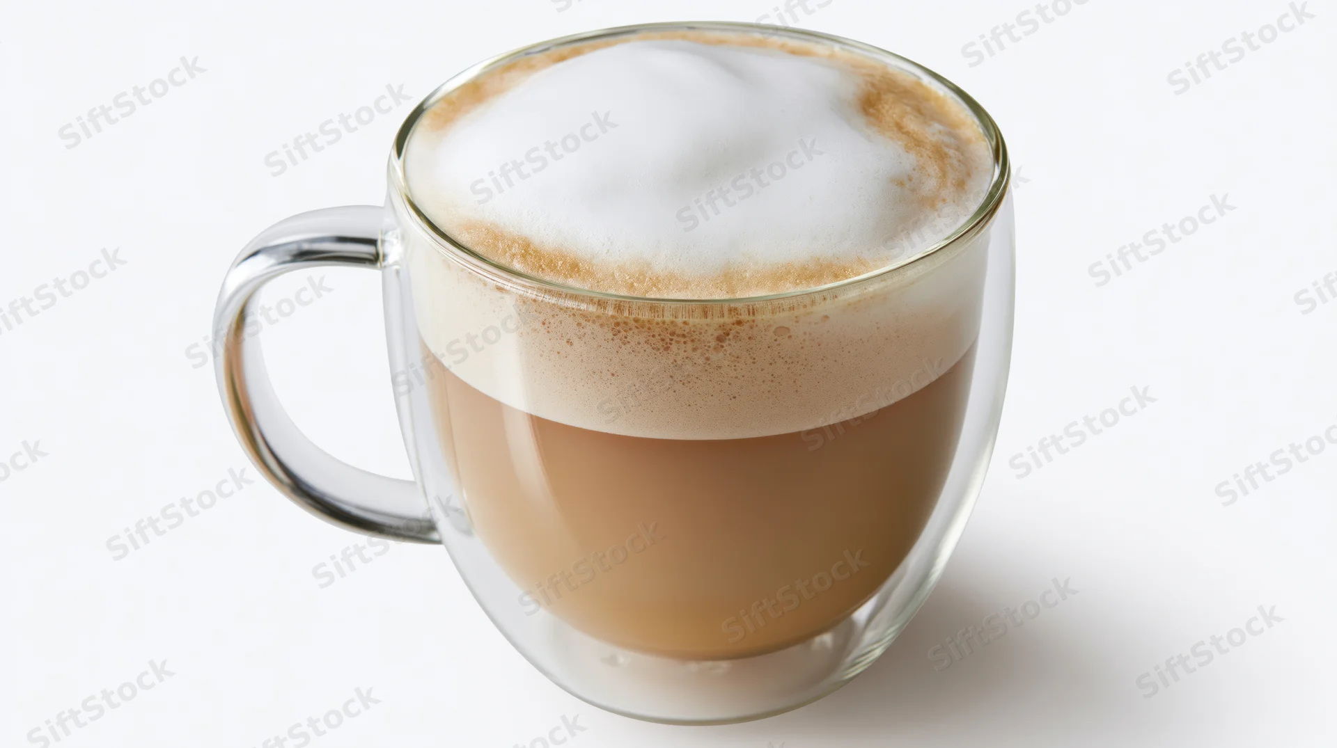 Double-walled glass mug filled with layered latte topped with froth on white background