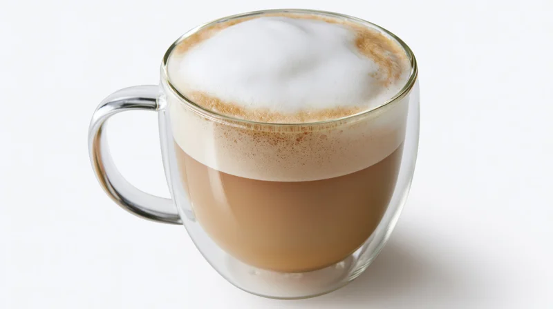 Double-walled glass mug filled with layered latte topped with froth on white background