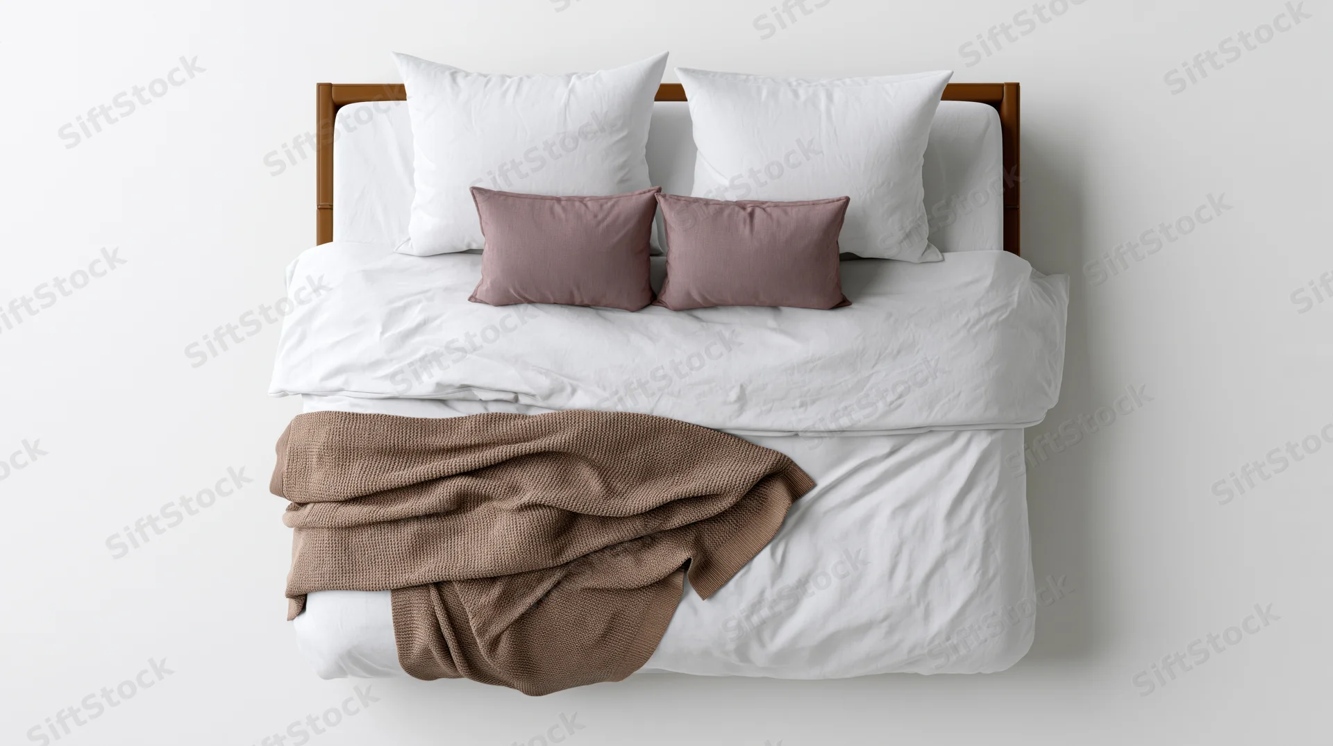 Overhead view of a double bed with white bedding and brown throw blanket in a minimalist bedroom